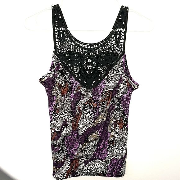 Speechless Womens Tank Top Sleeveless Crochet Purple Black Boho Print Large VGC - Picture 1 of 9